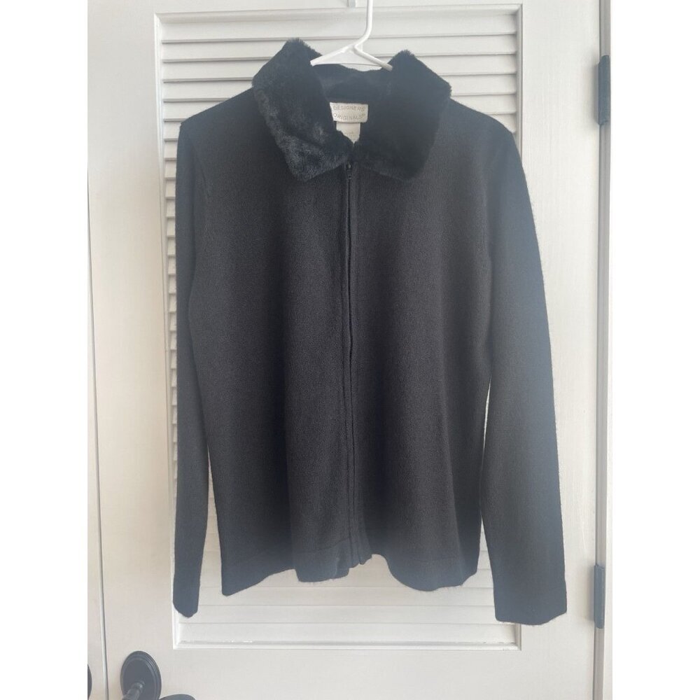 Designers Original * Full Zip Sweater Black Faux Fur Collar Women's Size Med